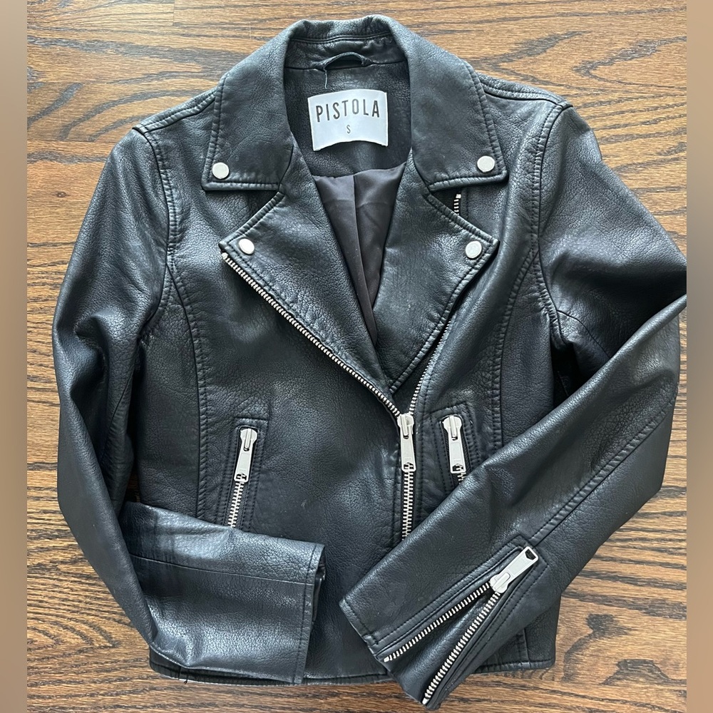 Pistola Women's Black
Vegan Leather Moto
Jacket Medium S Coat
Zipper Snaps